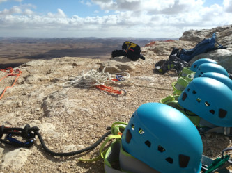 Rappelling gear Ramon Crater view